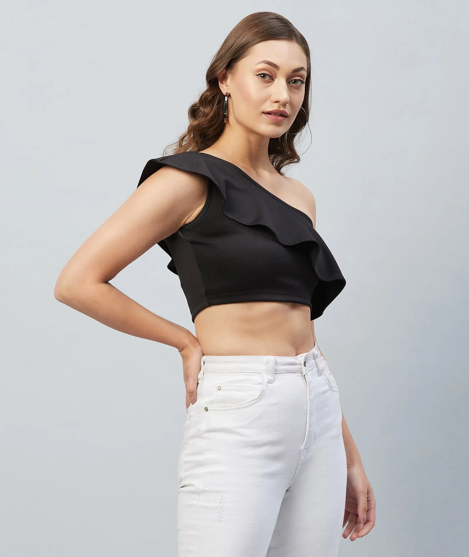 Chimpaaanzee Women Black Solid One Shoulder Crop Top