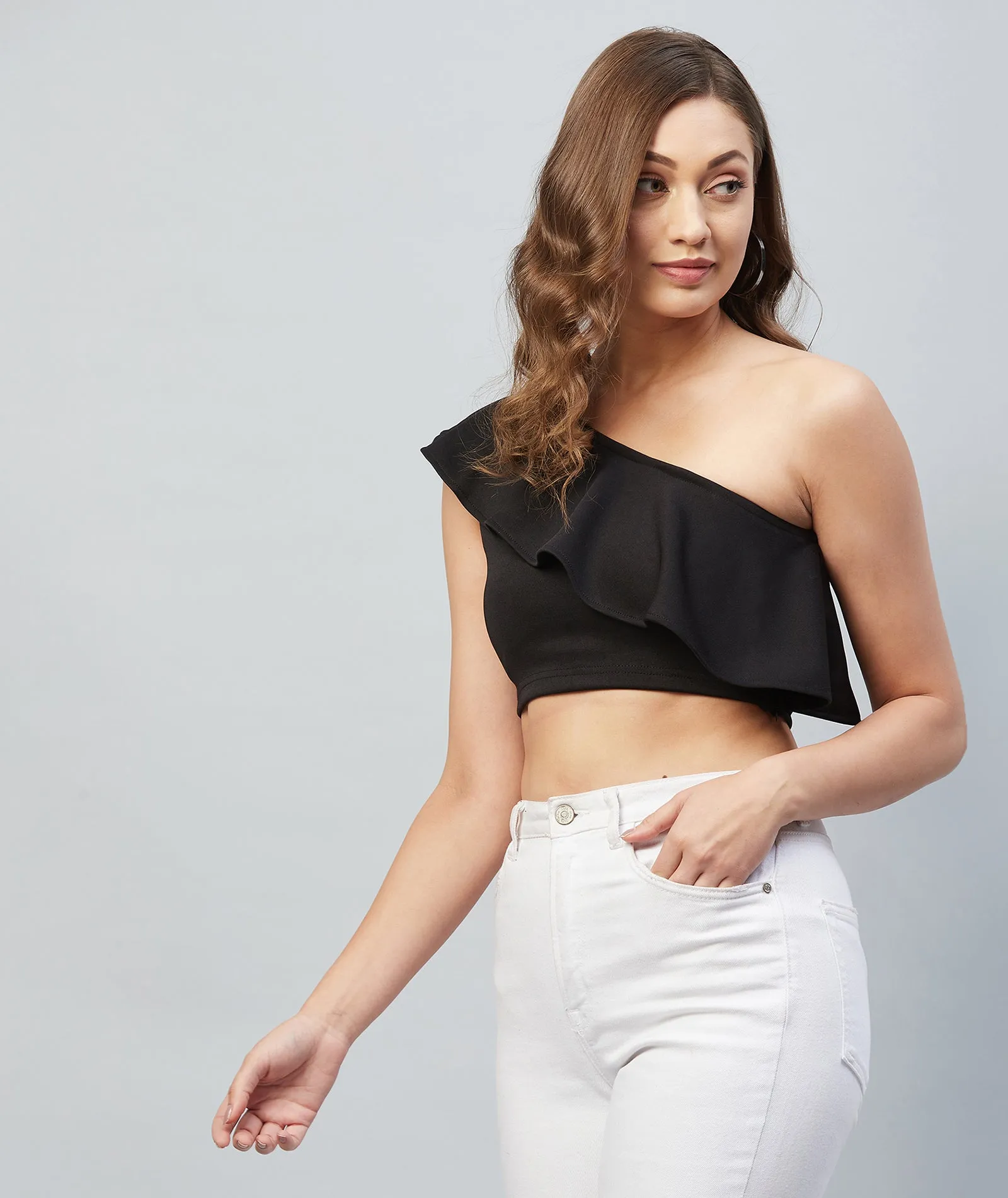Chimpaaanzee Women Black Solid One Shoulder Crop Top