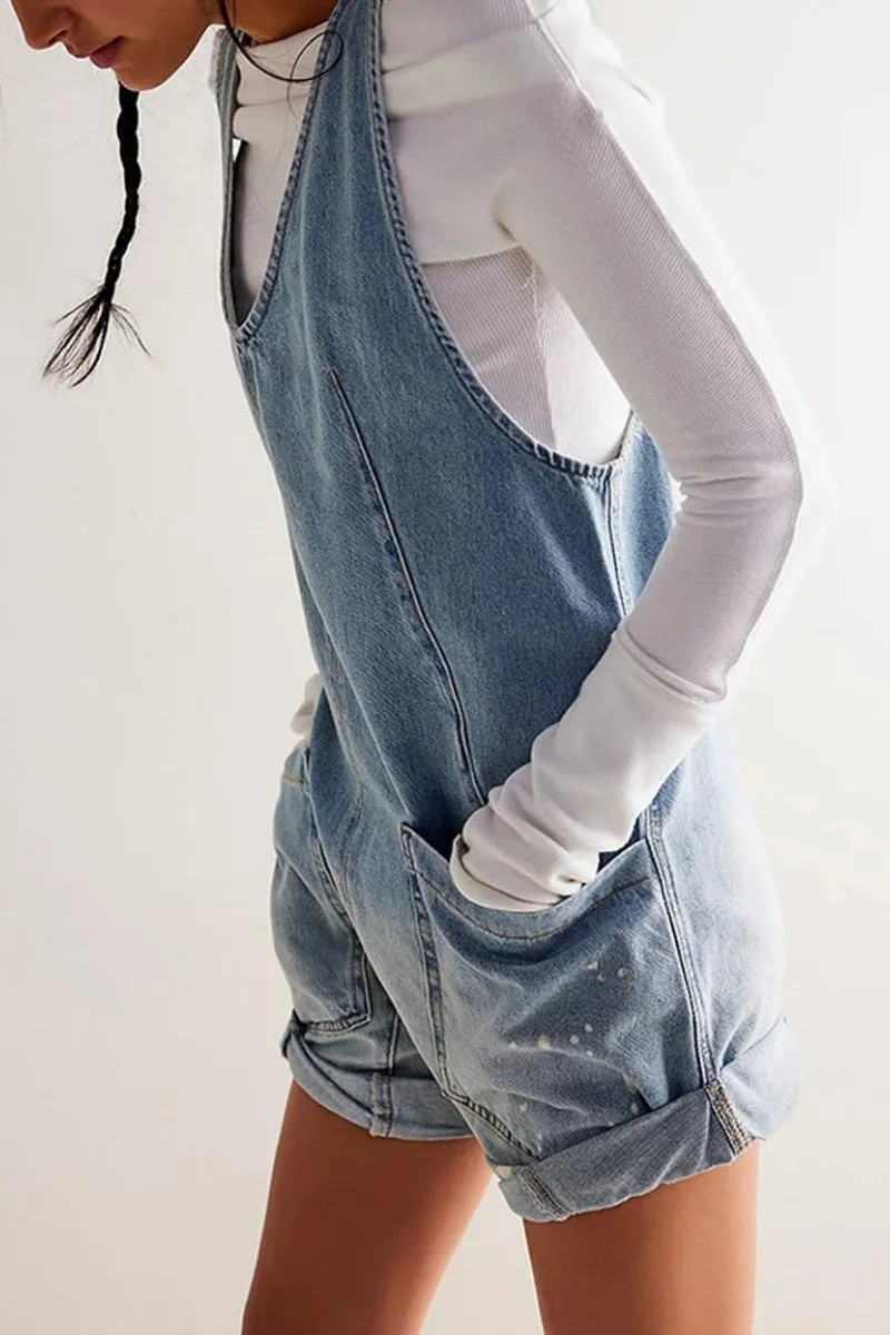 Chouyatou Women Casual Denim Short Overalls Rolled Cuff Barrel Shorts Jumpsuit Rompers