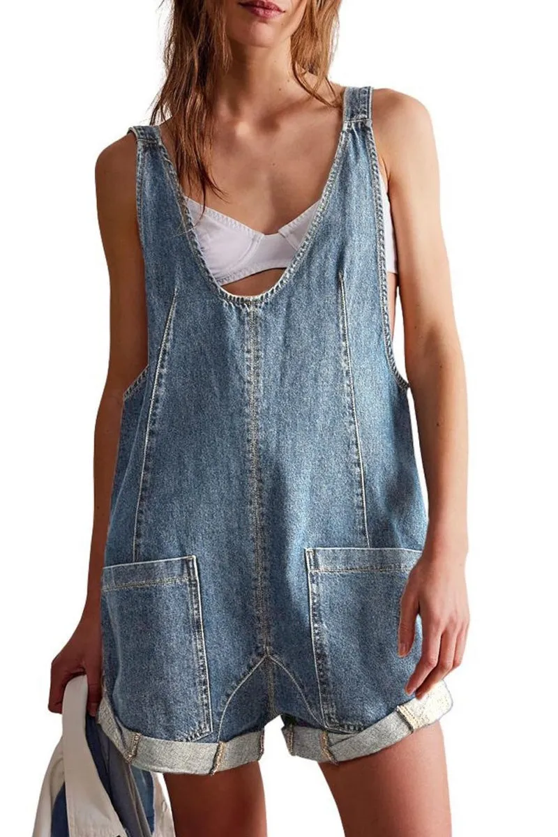 Chouyatou Women Casual Denim Short Overalls Rolled Cuff Barrel Shorts Jumpsuit Rompers