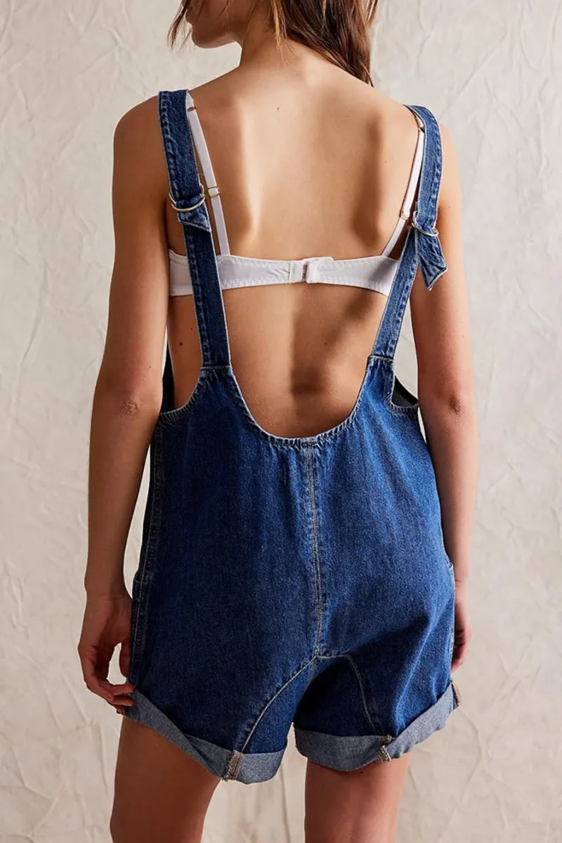 Chouyatou Women Casual Denim Short Overalls Rolled Cuff Barrel Shorts Jumpsuit Rompers