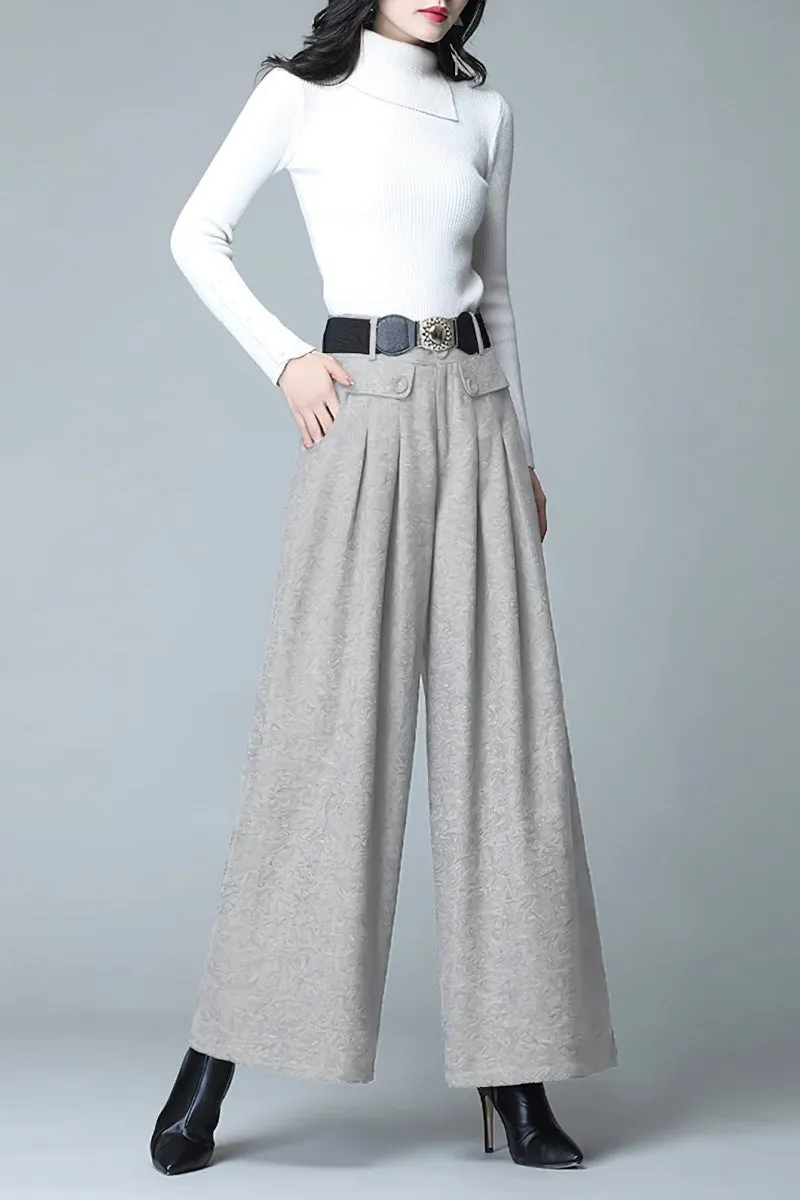 Chouyatou Women's Casual Wide Leg Wool Blend Pants Baggy Culotte High Waisted Pleated Loose Long Trousers