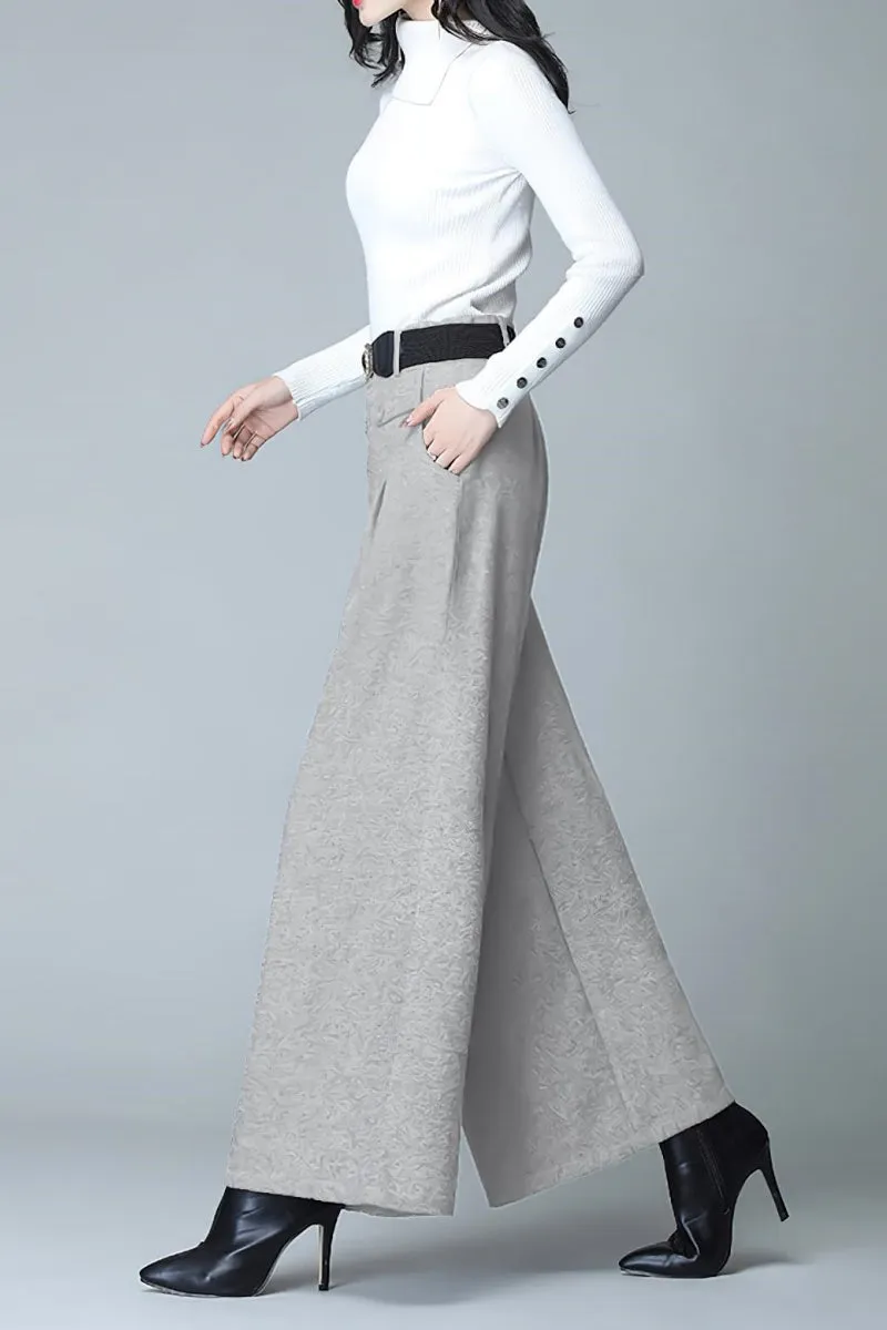 Chouyatou Women's Casual Wide Leg Wool Blend Pants Baggy Culotte High Waisted Pleated Loose Long Trousers