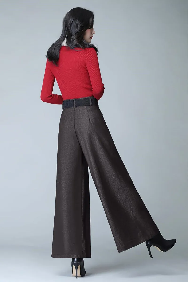 Chouyatou Women's Casual Wide Leg Wool Blend Pants Baggy Culotte High Waisted Pleated Loose Long Trousers