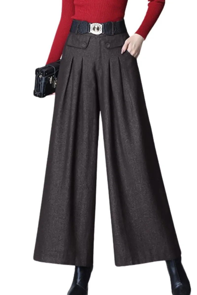 Chouyatou Women's Casual Wide Leg Wool Blend Pants Baggy Culotte High Waisted Pleated Loose Long Trousers