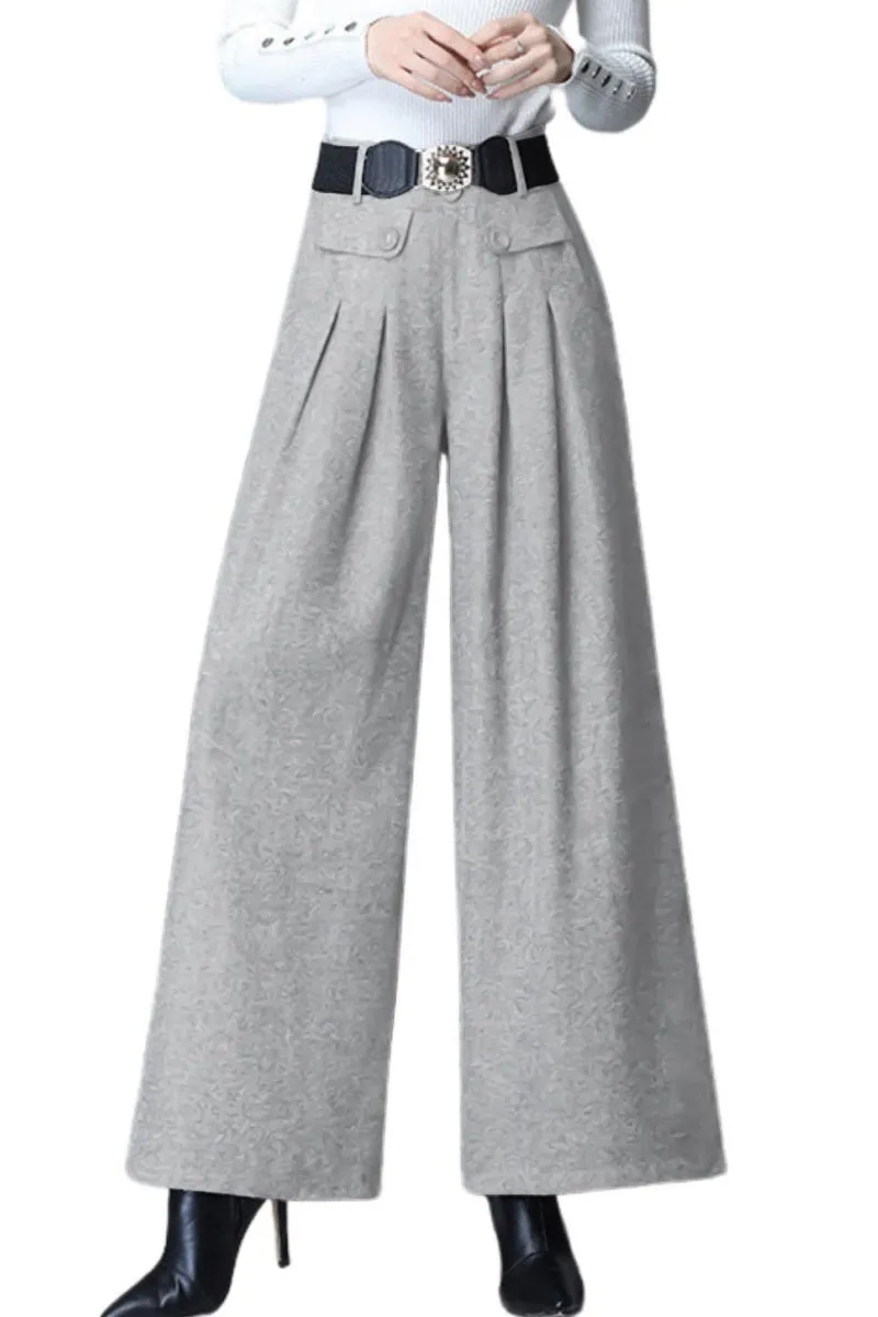 Chouyatou Women's Casual Wide Leg Wool Blend Pants Baggy Culotte High Waisted Pleated Loose Long Trousers