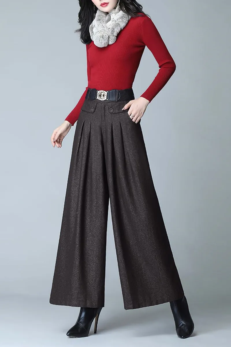 Chouyatou Women's Casual Wide Leg Wool Blend Pants Baggy Culotte High Waisted Pleated Loose Long Trousers