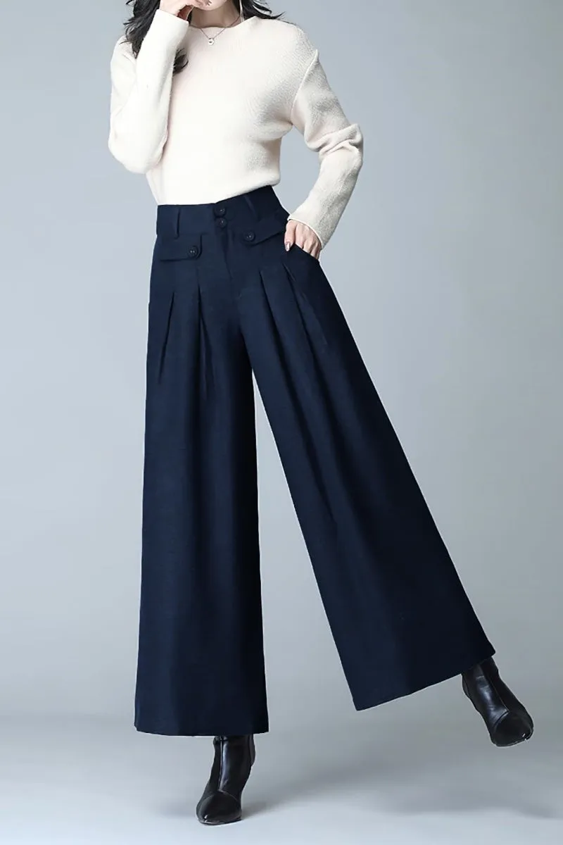 Chouyatou Women's Casual Wide Leg Wool Blend Pants Baggy Culotte High Waisted Pleated Loose Long Trousers