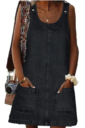 Chouyatou Women's Vintage Distressed Sleeveless Baggy Loose Denim Mini Dress with Pocket
