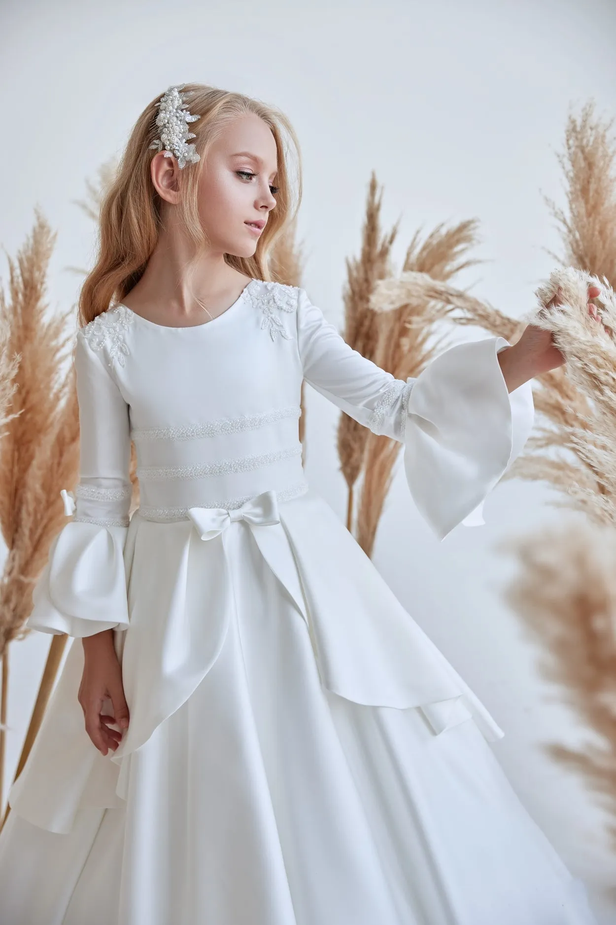 Classic Satin 1st Communion Dress with Peplum