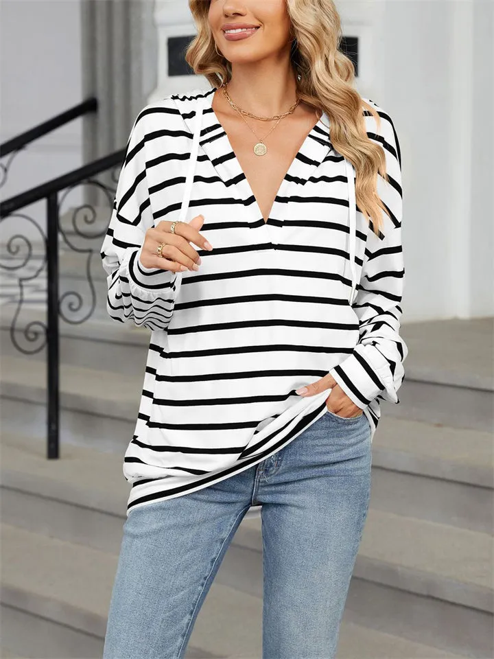 Classic Stripe V Neck Drawstring Hoodies for Women