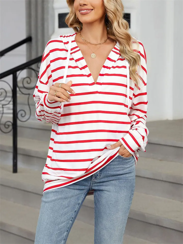 Classic Stripe V Neck Drawstring Hoodies for Women