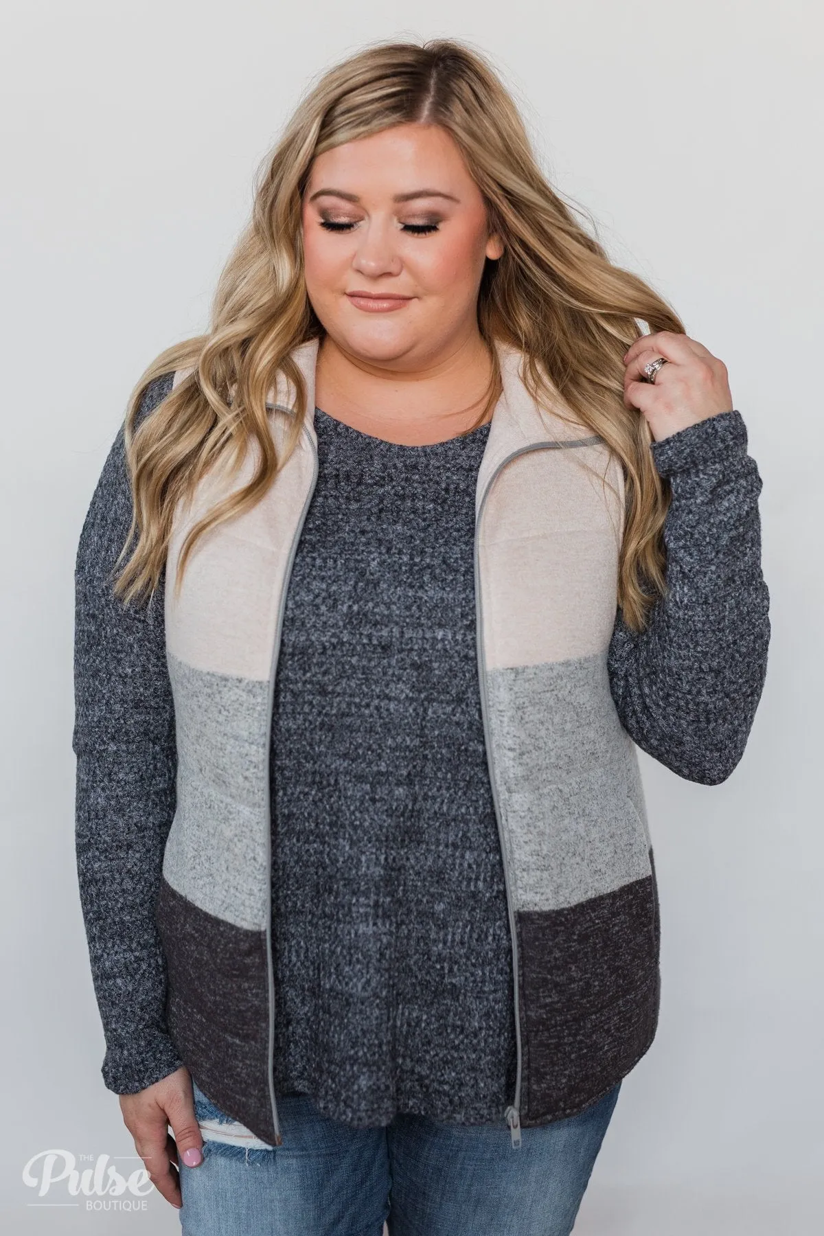 Color Block Puffer Vest- Oatmeal & Grey
