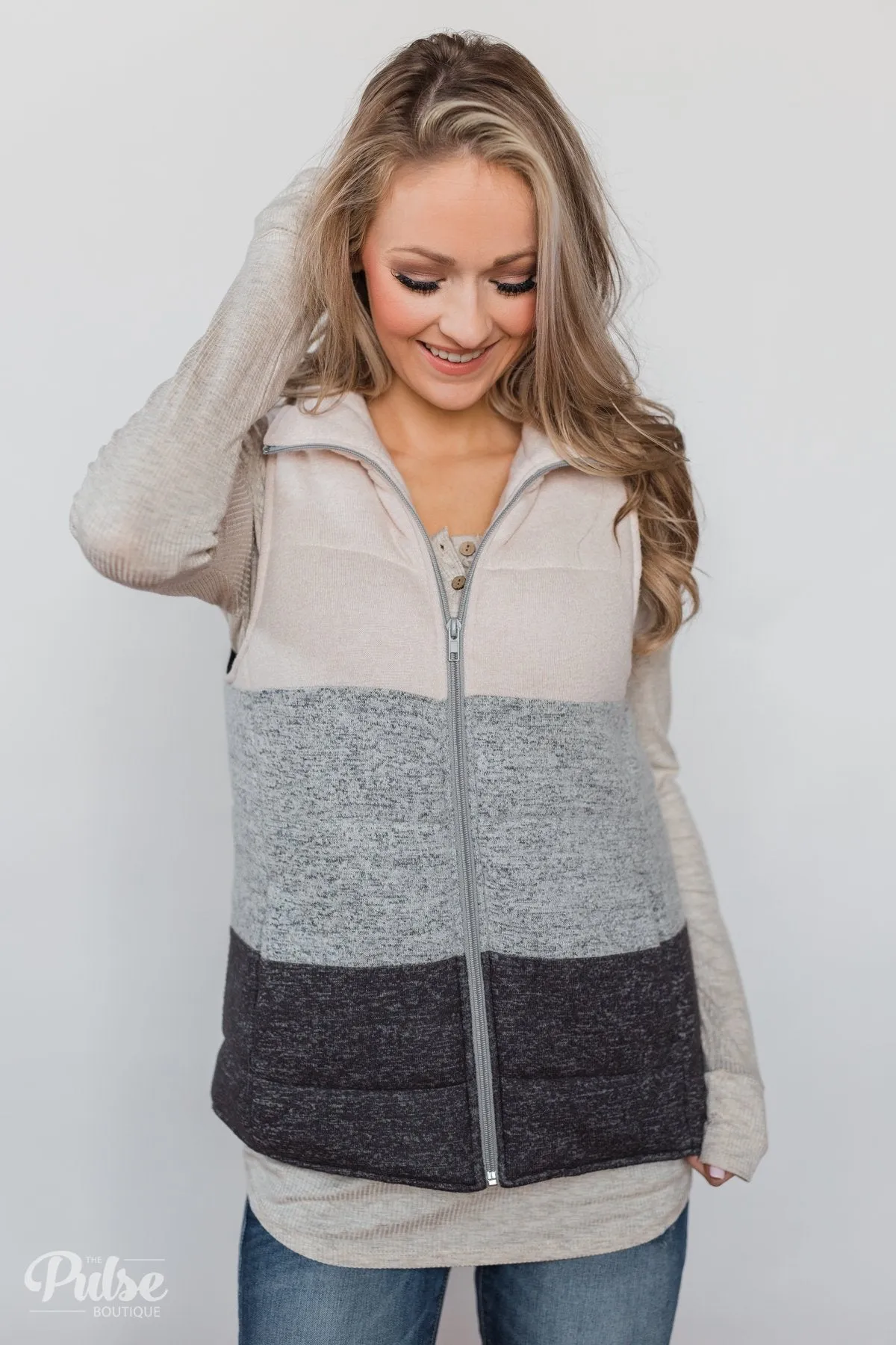 Color Block Puffer Vest- Oatmeal & Grey