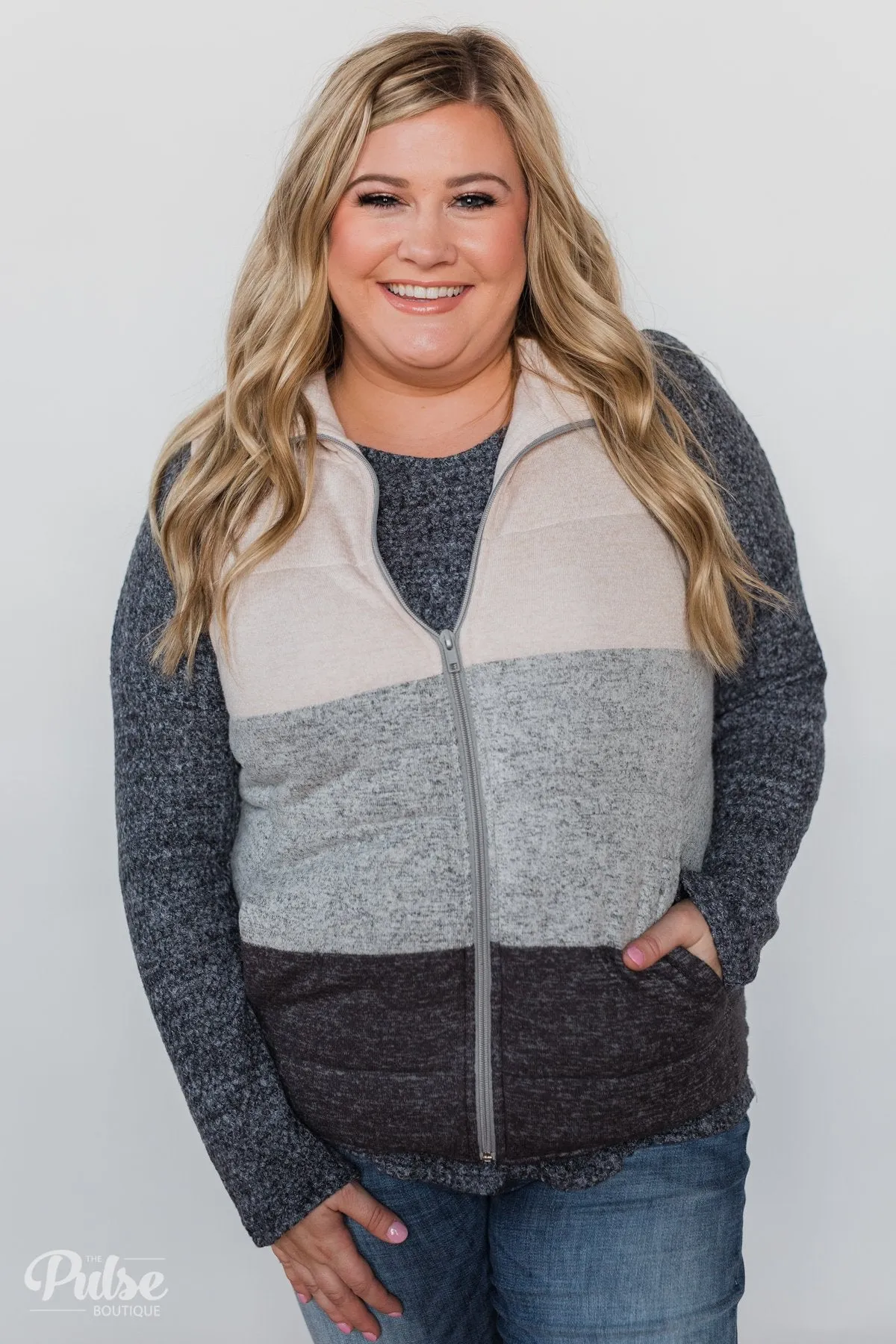 Color Block Puffer Vest- Oatmeal & Grey