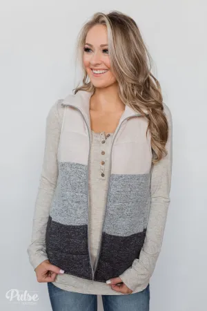 Color Block Puffer Vest- Oatmeal & Grey