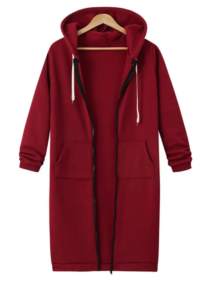 Comfortable Full Zipper Pocket Drawstring Hooded Midi Coat