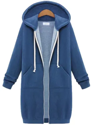 Comfortable Full Zipper Pocket Drawstring Hooded Midi Coat