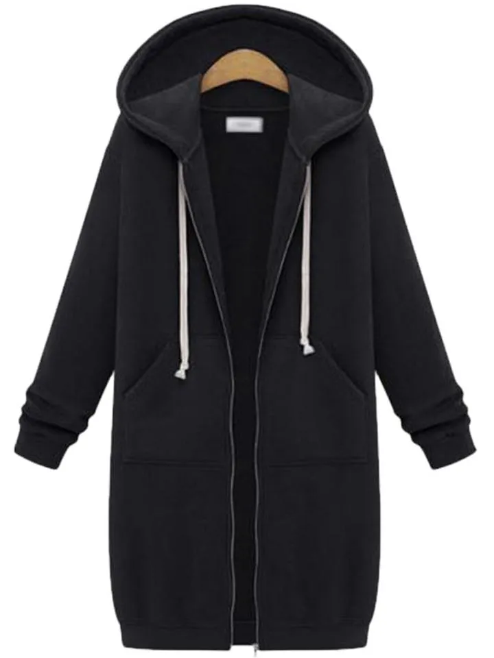 Comfortable Full Zipper Pocket Drawstring Hooded Midi Coat