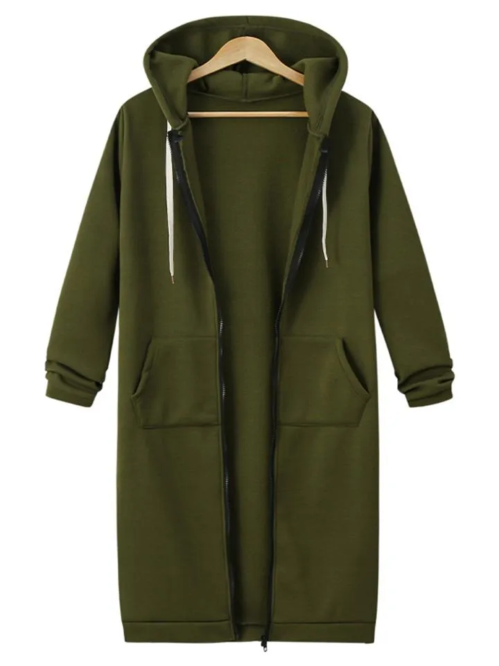 Comfortable Full Zipper Pocket Drawstring Hooded Midi Coat