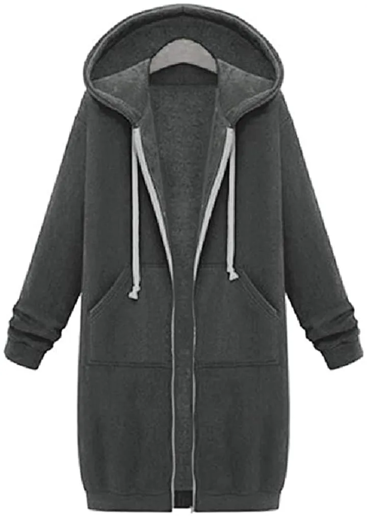 Comfortable Full Zipper Pocket Drawstring Hooded Midi Coat