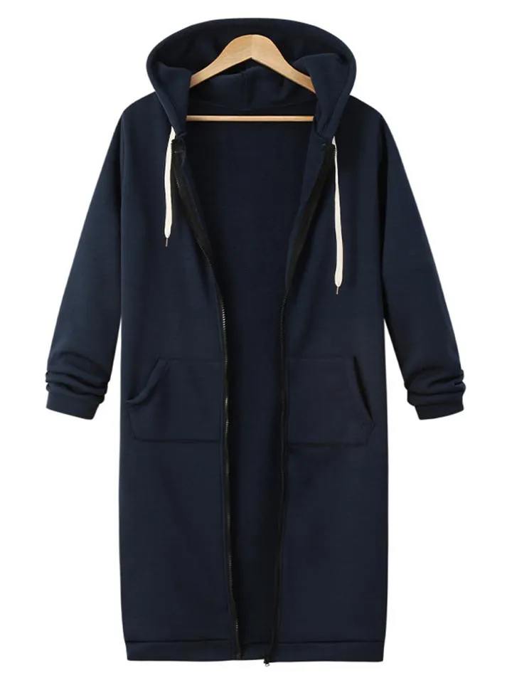 Comfortable Full Zipper Pocket Drawstring Hooded Midi Coat