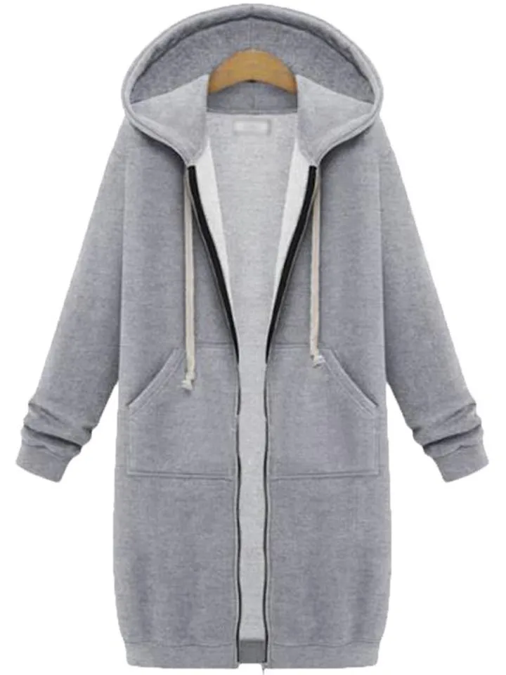 Comfortable Full Zipper Pocket Drawstring Hooded Midi Coat
