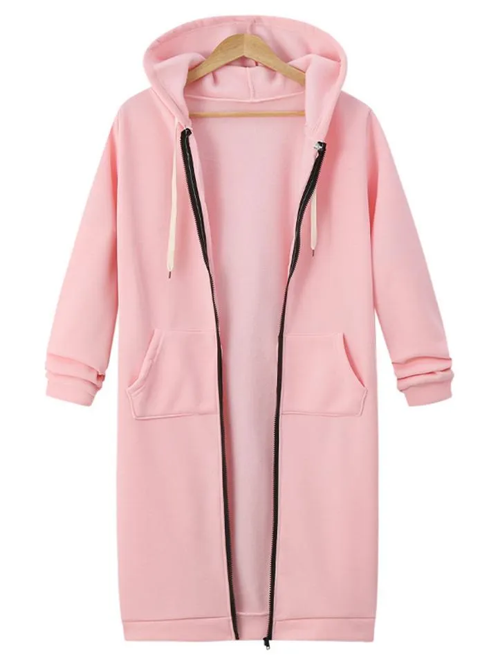 Comfortable Full Zipper Pocket Drawstring Hooded Midi Coat