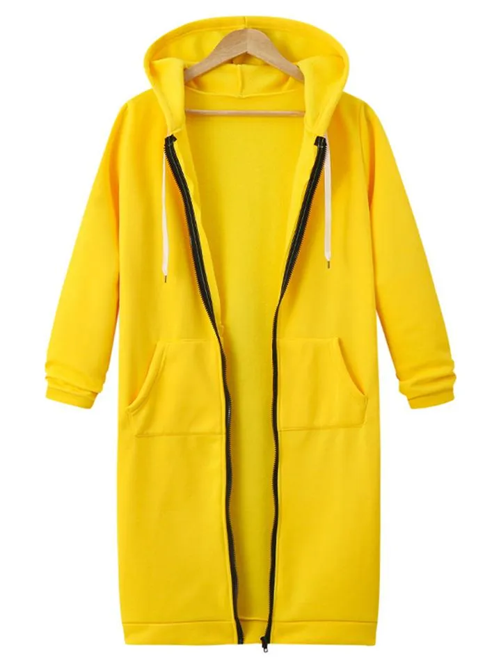 Comfortable Full Zipper Pocket Drawstring Hooded Midi Coat