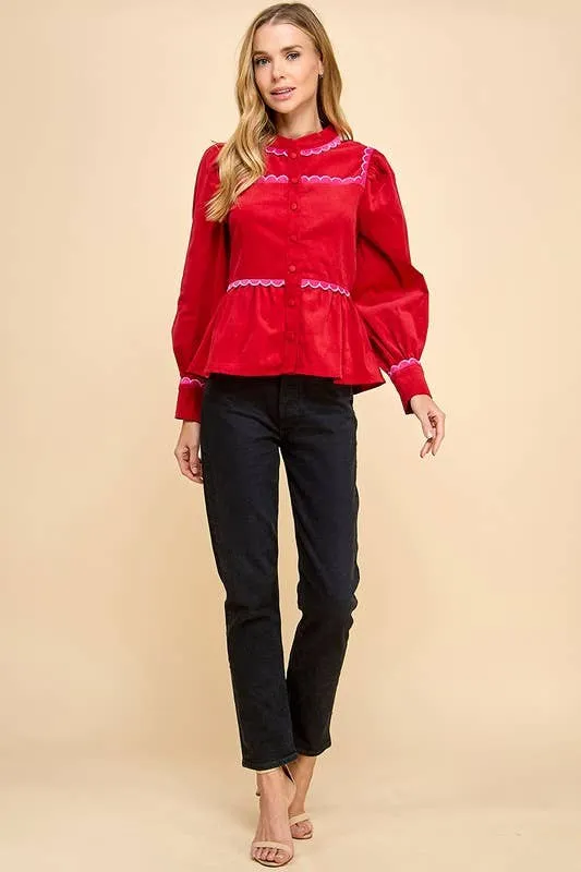 Corduroy Scallop Detail Button Up Top