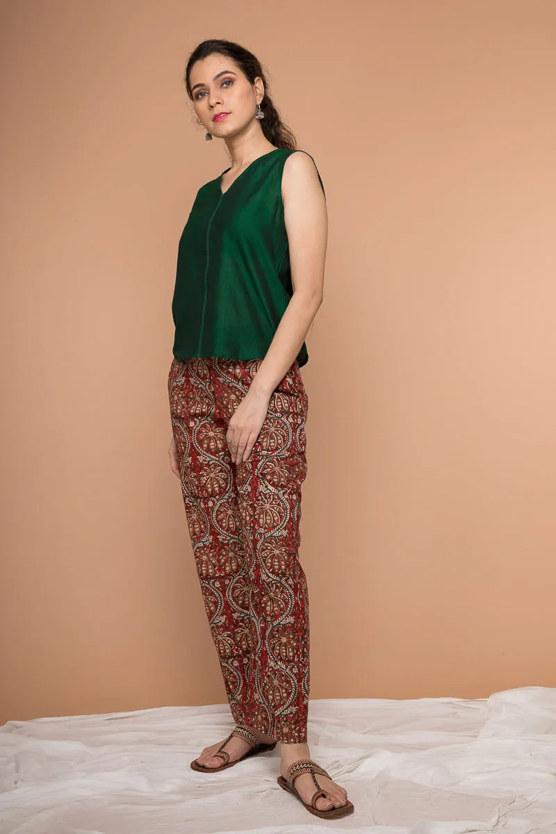 Cotton straight Pants in Maroon Hand block print