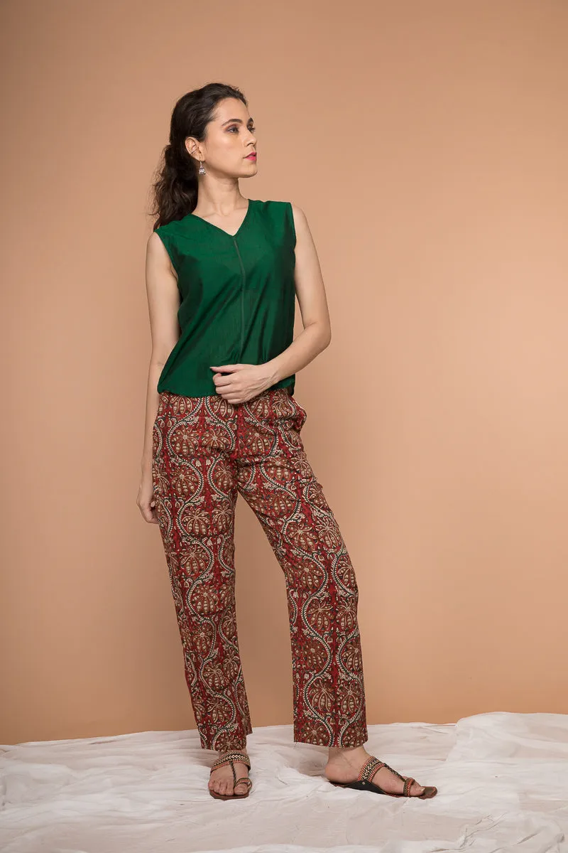 Cotton straight Pants in Maroon Hand block print