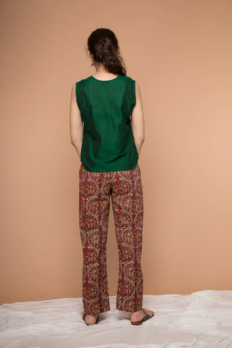 Cotton straight Pants in Maroon Hand block print