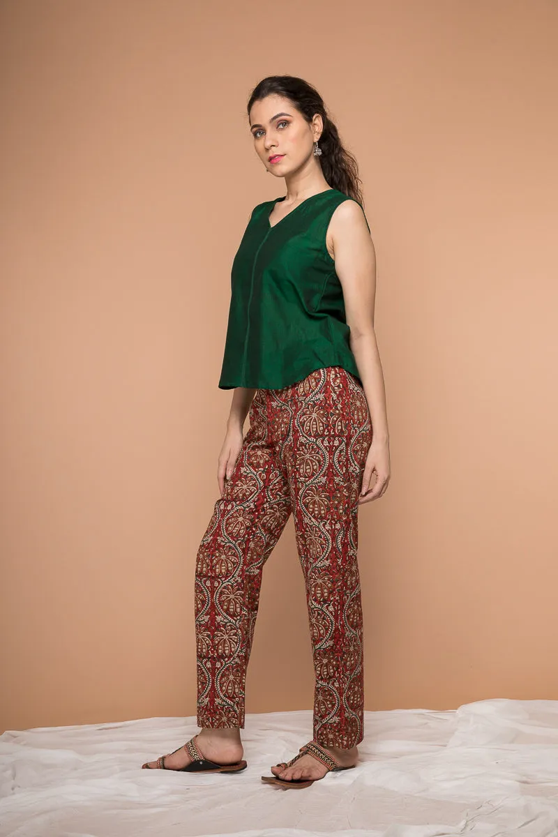 Cotton straight Pants in Maroon Hand block print