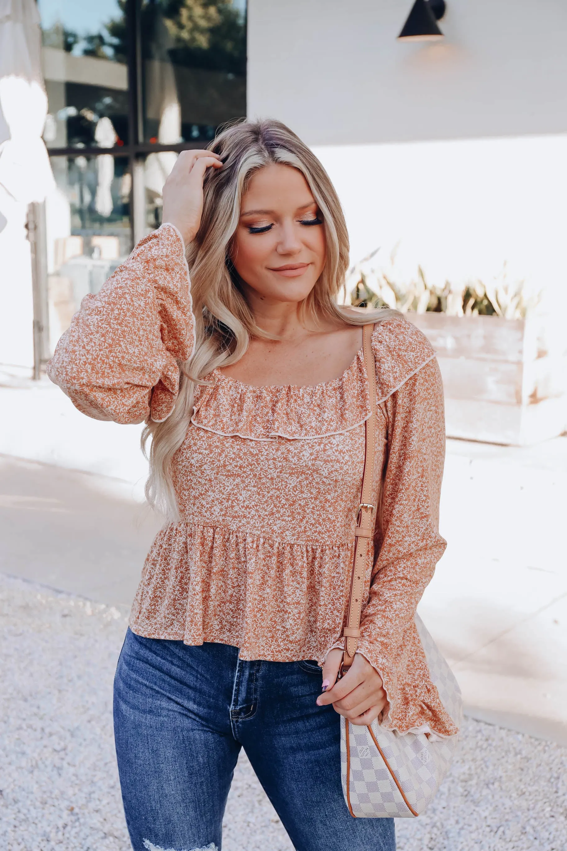 Country Garden Ruffle Neck Top - Rust/Ivory