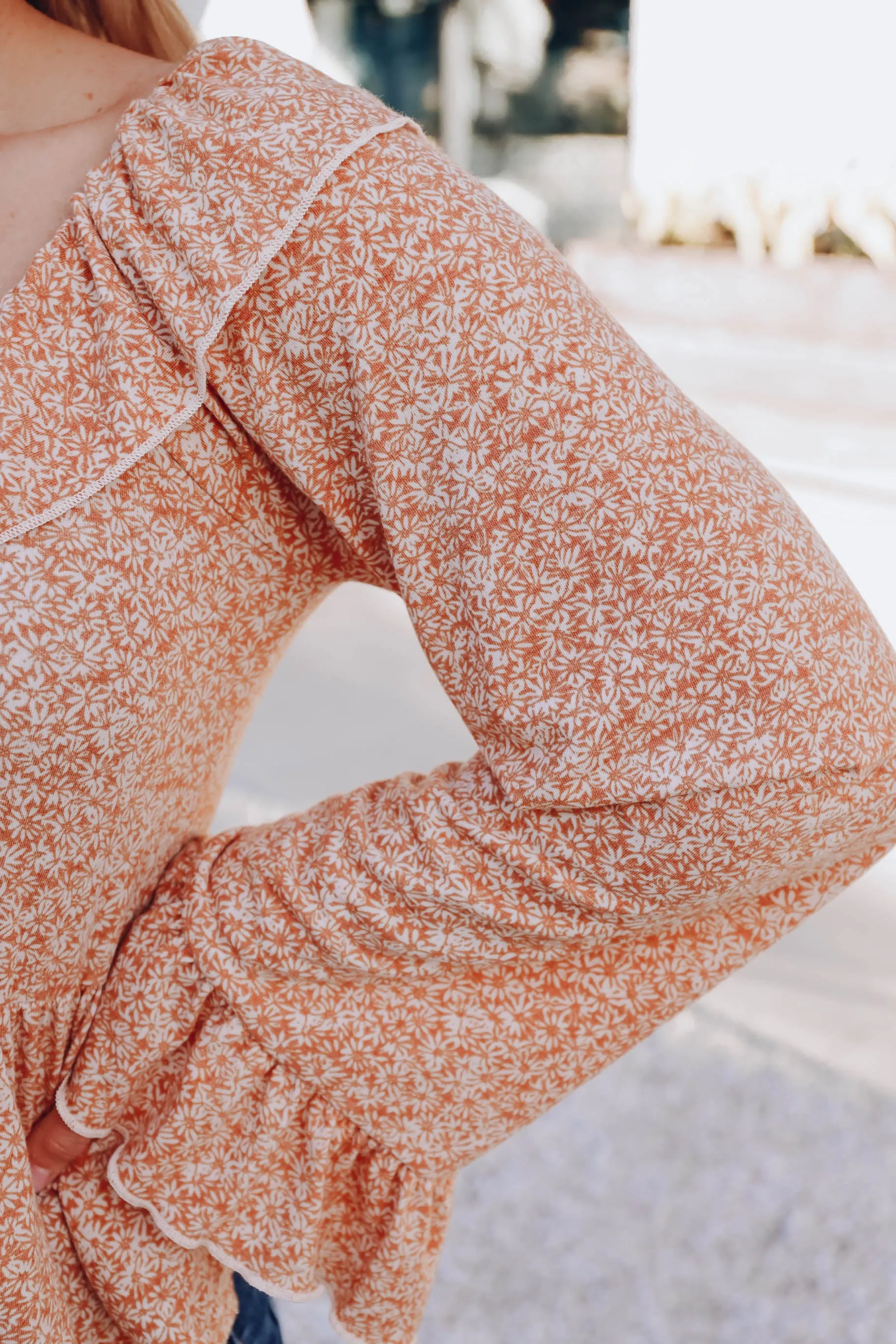 Country Garden Ruffle Neck Top - Rust/Ivory