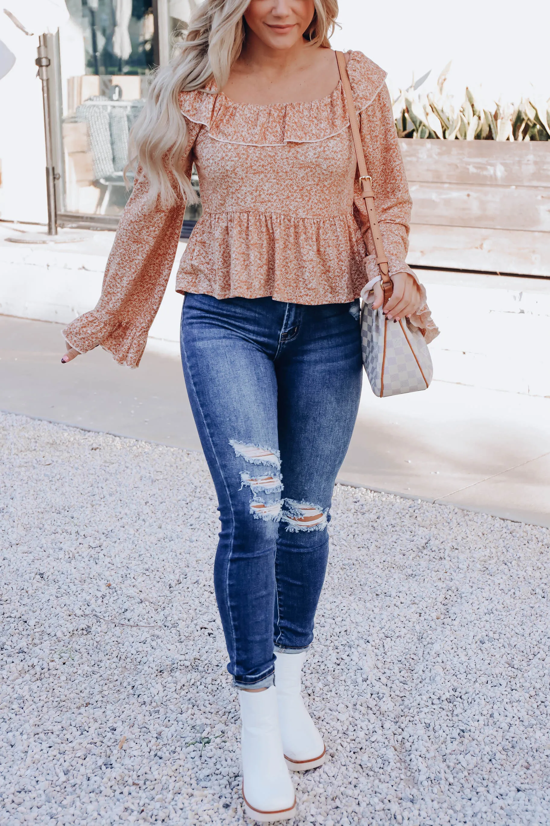 Country Garden Ruffle Neck Top - Rust/Ivory