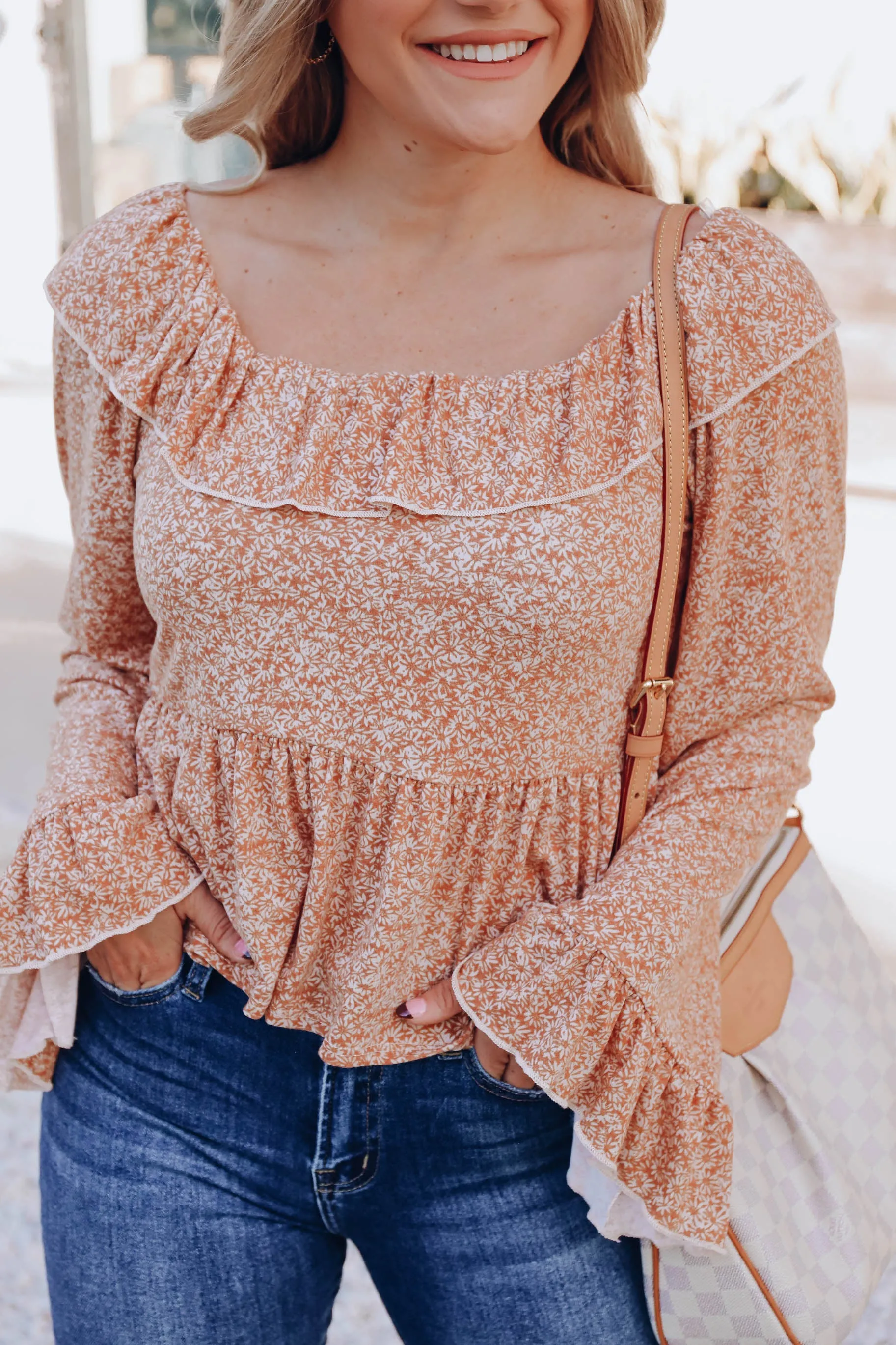 Country Garden Ruffle Neck Top - Rust/Ivory