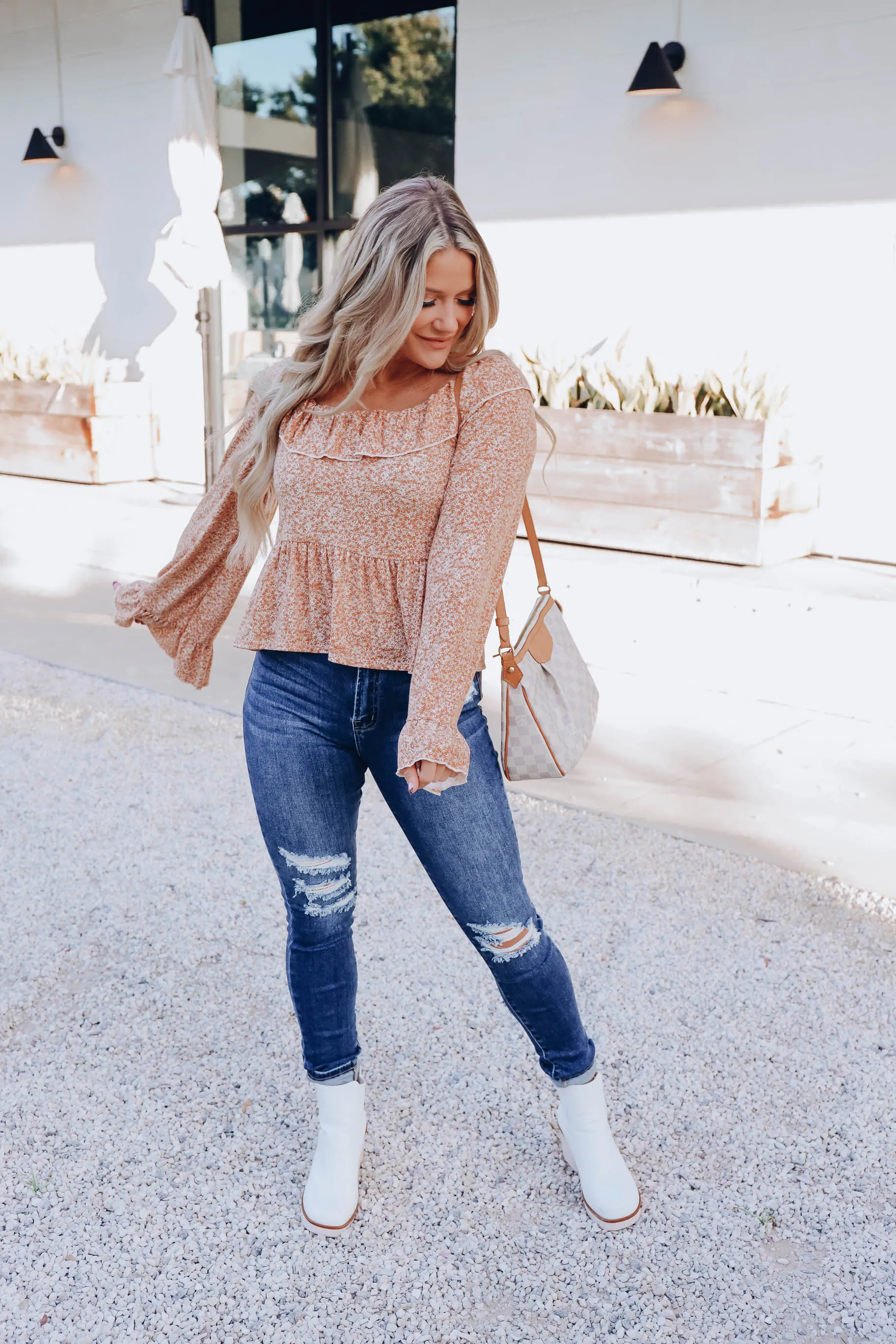 Country Garden Ruffle Neck Top - Rust/Ivory