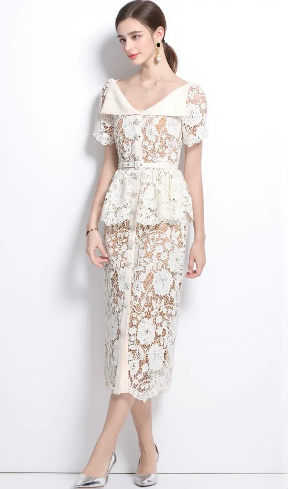 CREAM LACE PEPLUM MIDI DRESS
