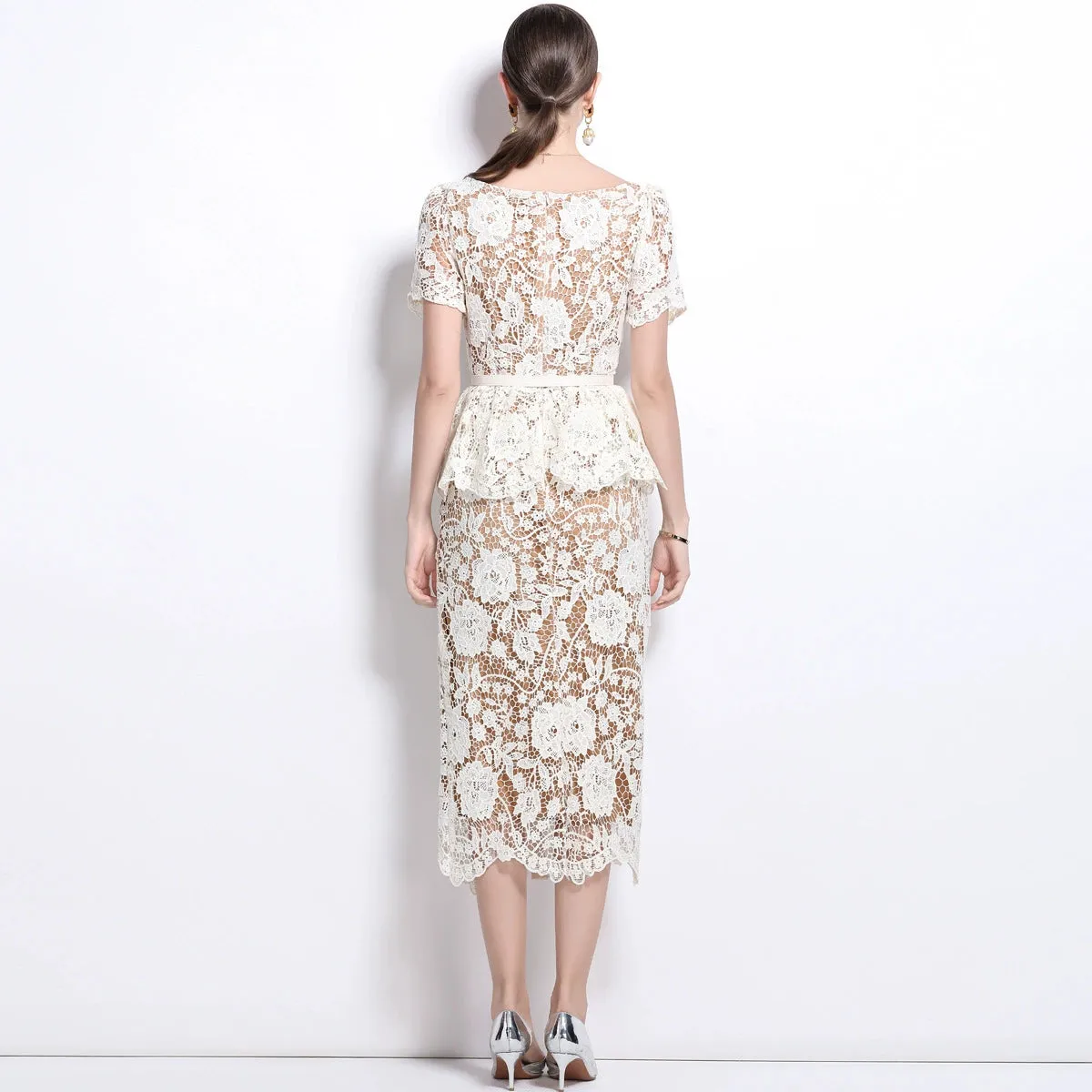 CREAM LACE PEPLUM MIDI DRESS