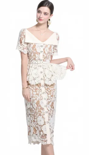 CREAM LACE PEPLUM MIDI DRESS