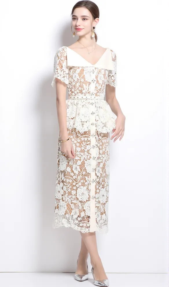 CREAM LACE PEPLUM MIDI DRESS
