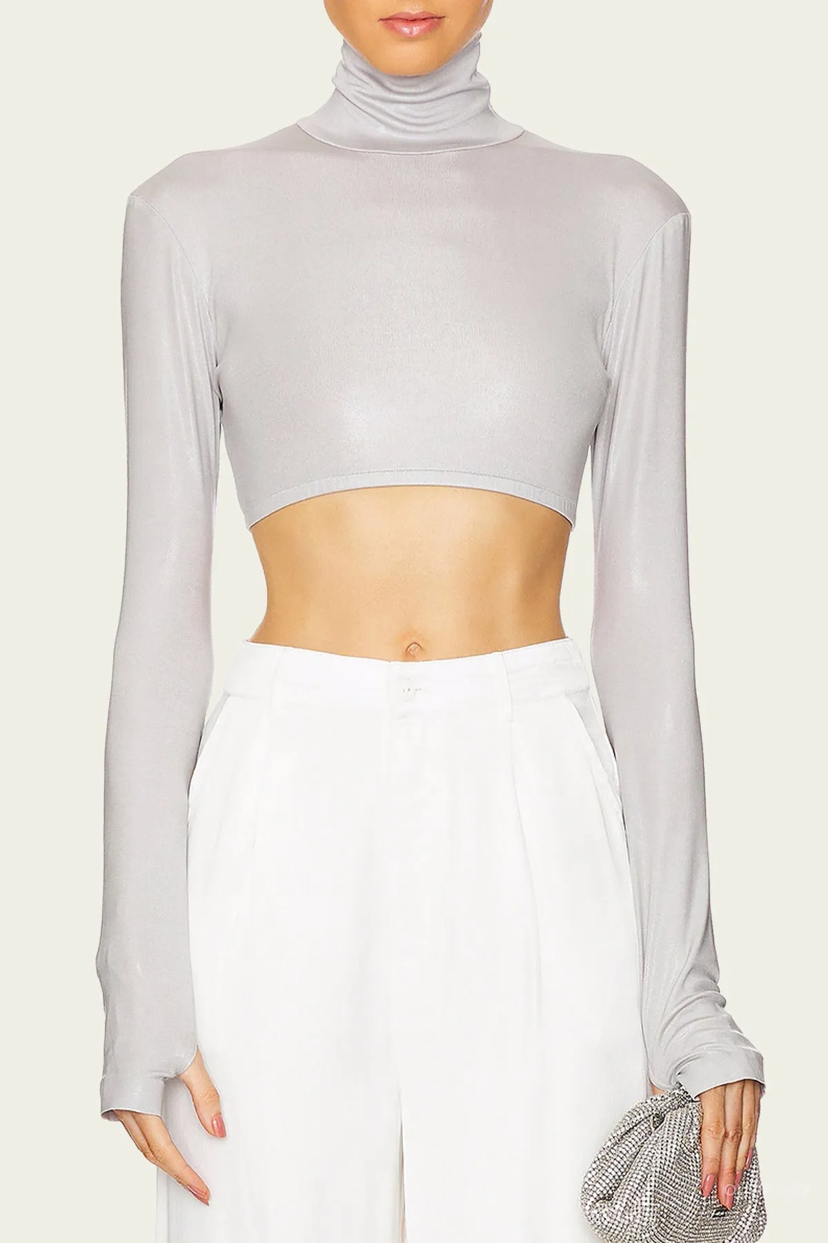 Cropped Slim Fit Long Sleeve Turtleneck in Dove