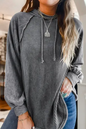 Dark Grey Khaki Waffled Expose Seam Drawstring Hoodie