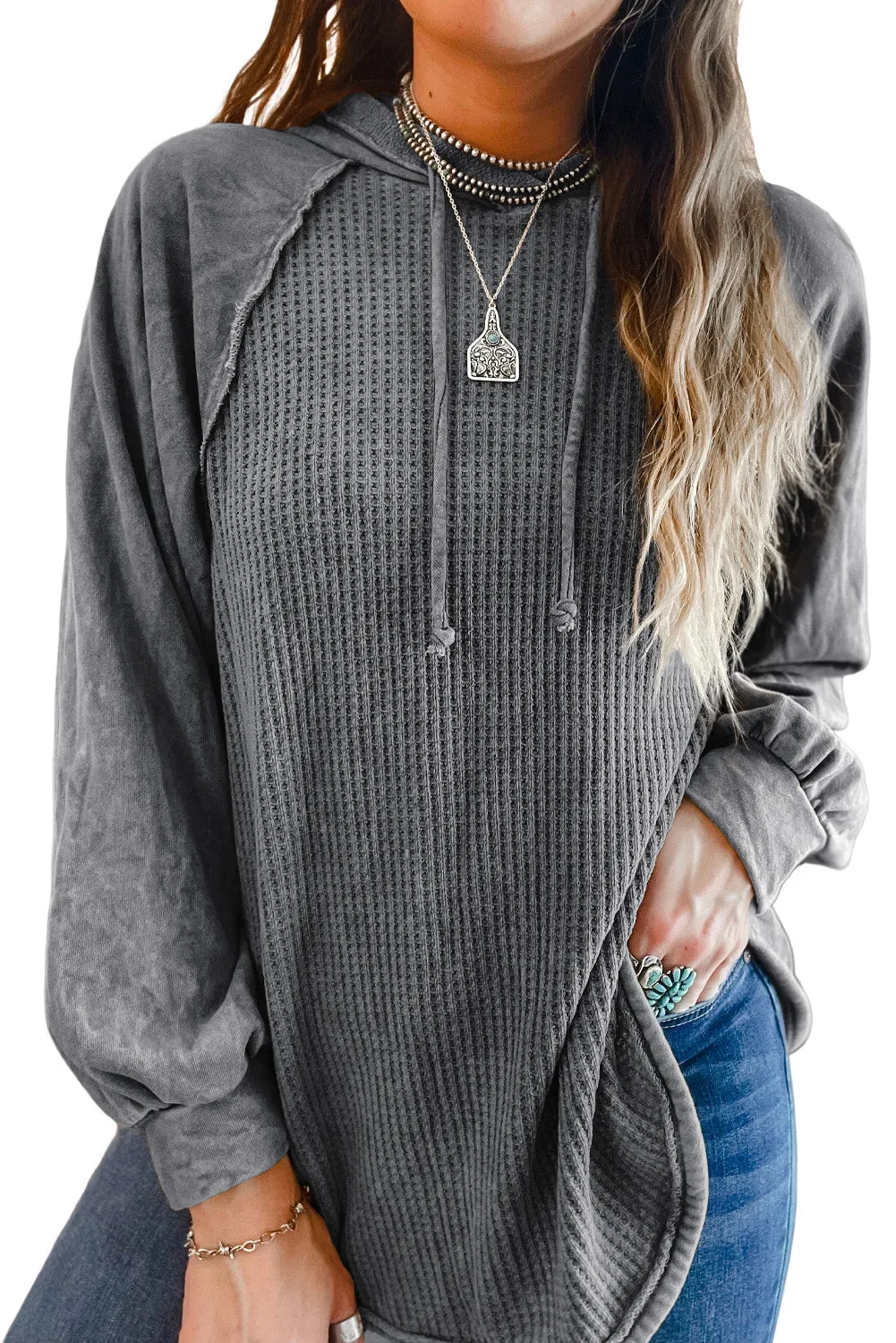 Dark Grey Khaki Waffled Expose Seam Drawstring Hoodie