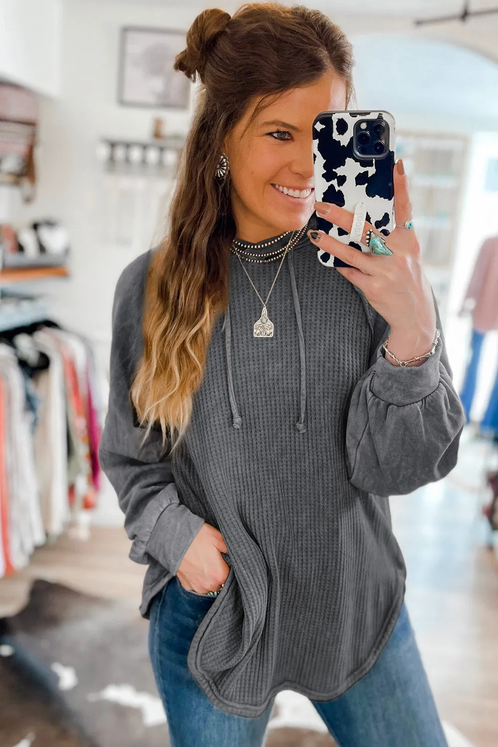 Dark Grey Khaki Waffled Expose Seam Drawstring Hoodie