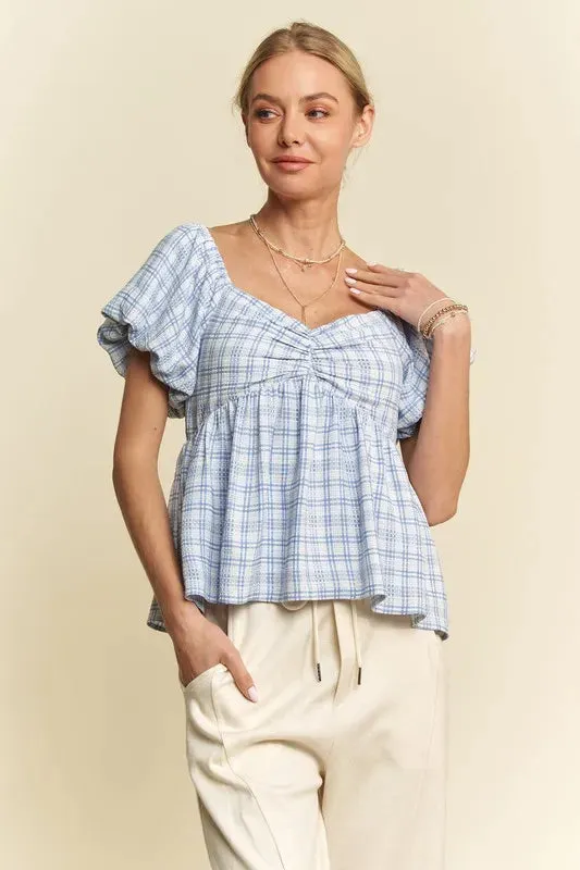 Davi & Dani Plaid Puff Sleeves Ruffled Smocked Blouse