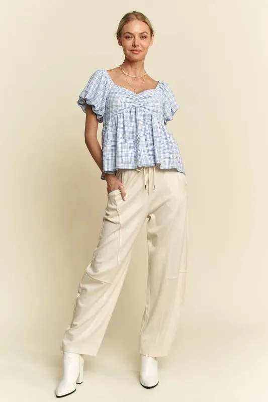 Davi & Dani Plaid Puff Sleeves Ruffled Smocked Blouse