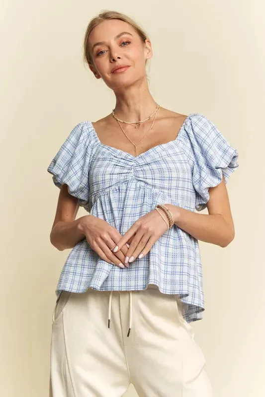 Davi & Dani Plaid Puff Sleeves Ruffled Smocked Blouse
